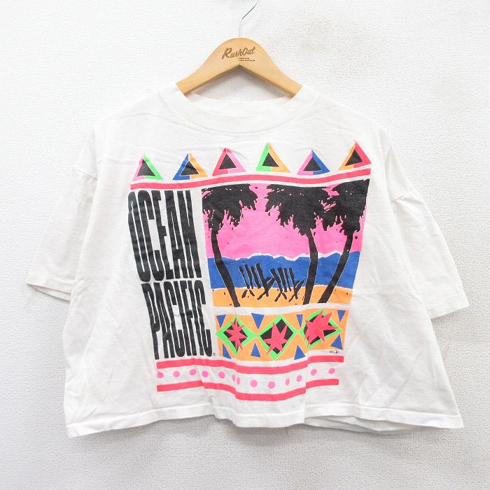 【50%OFF】XL★古着 オーシャンパシフィック OP 半袖 ビンテージ Tシャツ メンズ 90年代 90s ヤシの木 大きいサイズ ショート丈 クルーネック 白 ホワイト 【spe】 25apr15 中古