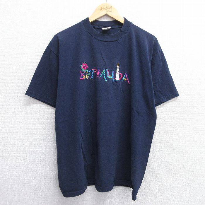 L★古着 半袖 ビンテージ Tシャツ メンズ 00年代 00s バミューダ 灯台 刺繍 コットン クルーネック 紺 ネイビー 25apr15 中古
