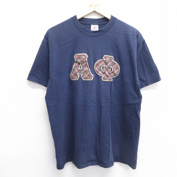 L★古着 ジャージーズ 半袖 ビンテージ Tシャツ メンズ 90年代 90s ギリシャ文字 コットン クルーネック USA製 紺 ネイビー 25apr15 中古