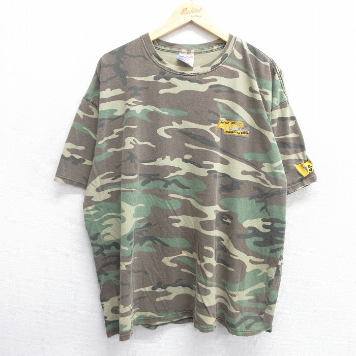 XL★古着 半袖 ビンテージ Tシャツ メンズ 90年代 90s REGION ONE ウッドランドカモ 大きいサイズ コットン クルーネック USA製 緑他 グリーン 迷彩 25apr15 中古