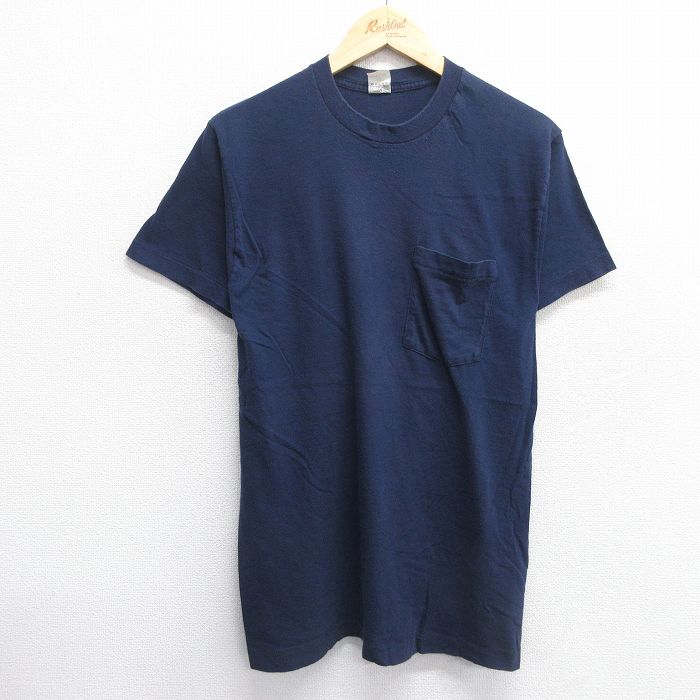 【50%OFF】M★古着 フルーツオブザルーム 半袖 ビンテージ Tシャツ メンズ 80年代 80s 無地 胸ポケット付き コットン クルーネック USA製 紺 ネイビー 25apr15 中古