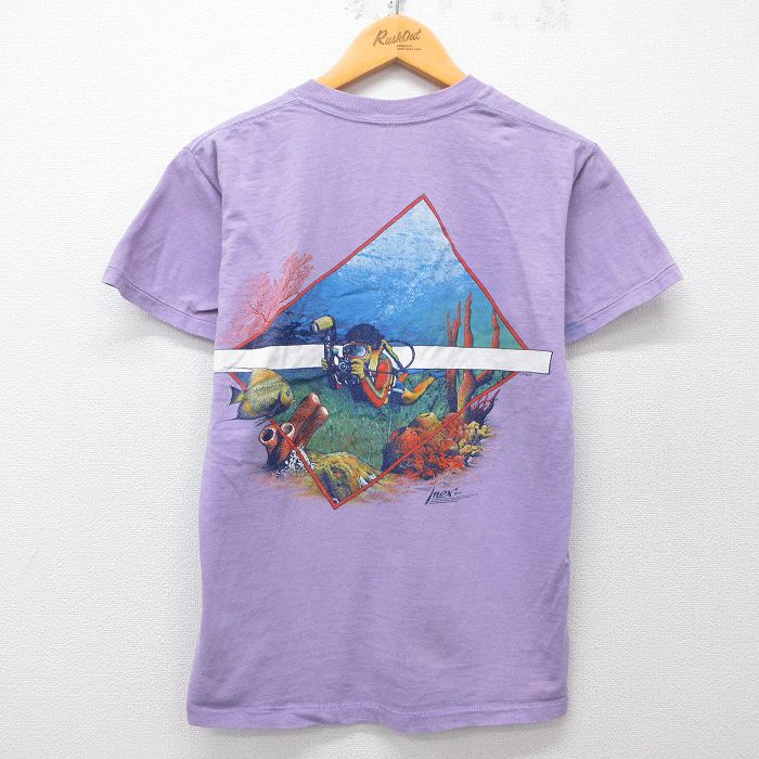 【50%OFF】M★古着 半袖 ビンテージ Tシャツ メンズ 90年代 90s ダイビング 胸ポケット付き クルーネック 紫 パープル 25apr15 中古