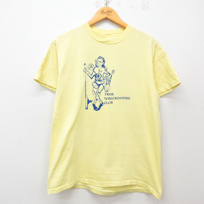 L★古着 ヘインズ Hanes 半袖 ビンテージ Tシャツ メンズ 70年代 70s TRUK WRECK DIVERS コットン クルーネック USA製 薄黄 イエロー 25apr15 中古