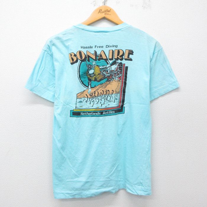 L★古着 半袖 ビンテージ Tシャツ メンズ 90年代 90s BONAIRE ダイビング クルーネック 水色 25apr15 中古