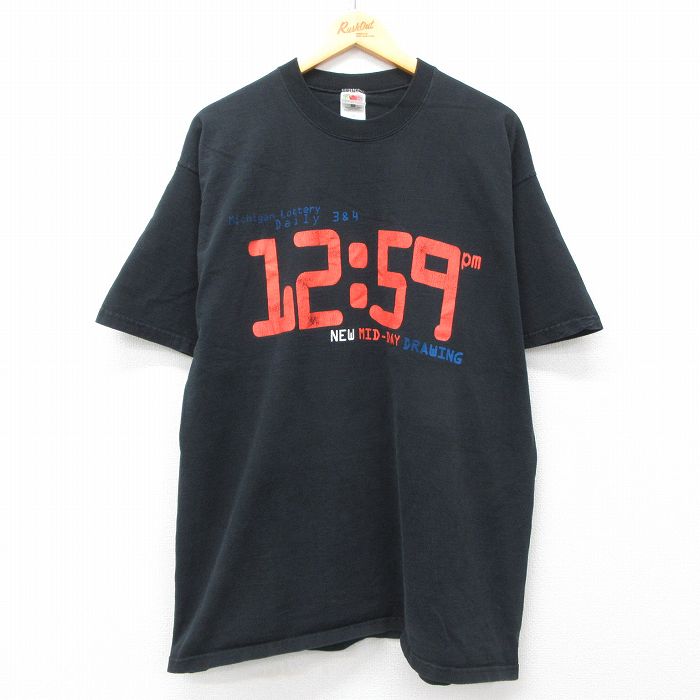XL★古着 フルーツオブザルーム 半袖 ビンテージ Tシャツ メンズ 90年代 90s ミシガン Lottery Daily 大きいサイズ コットン クルーネック USA製 黒 ブラック 【spe】 25apr15 中古