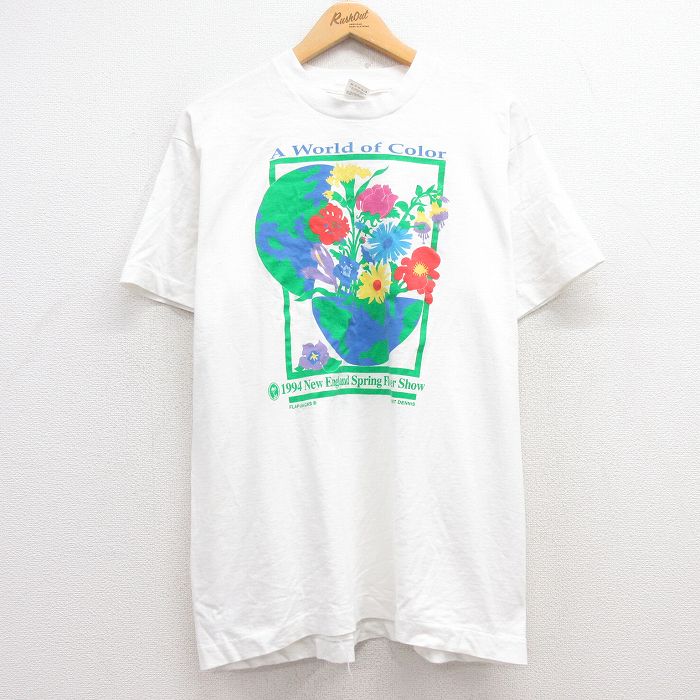 L★古着 フルーツオブザルーム 半袖 ビンテージ Tシャツ メンズ 90年代 90s 花 地球 コットン クルーネック USA製 白 ホワイト 25apr16 中古