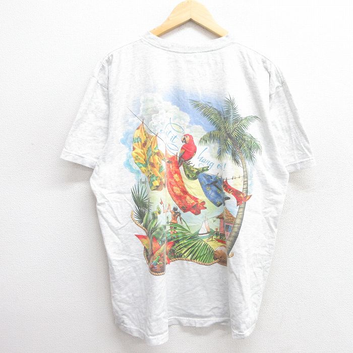【50%OFF】XL★古着 半袖 ビンテージ Tシャツ メンズ 00年代 00s オウム ヤシの木 大きいサイズ コットン クルーネック USA製 薄グレー 霜降り 25apr16 中古
