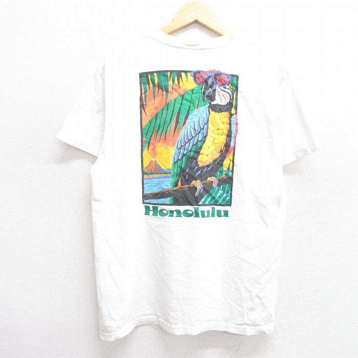 M★古着 半袖 ビンテージ Tシャツ メンズ 90年代 90s プラネットハリウッド ホノルル オウム コットン クルーネック USA製 白 ホワイト 25apr16 中古