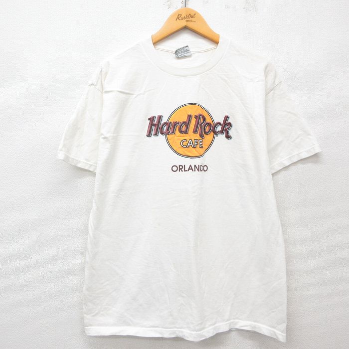XL★古着 半袖 ビンテージ Tシャツ メンズ 90年代 90s ハードロックカフェ オーランド コットン クルーネック USA製 白 ホワイト 25apr23 中古