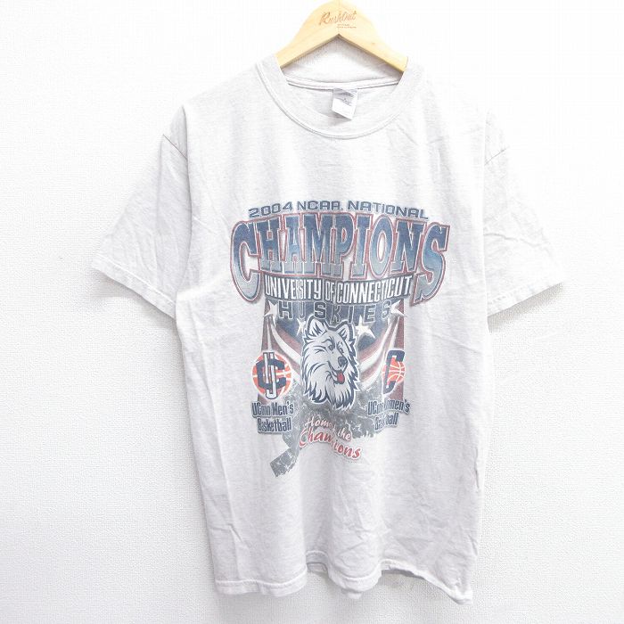 L★古着 半袖 ビンテージ Tシャツ メンズ 00年代 00s コネチカットハスキーズ 大学 クルーネック 薄グレー 霜降り 25apr23 中古
