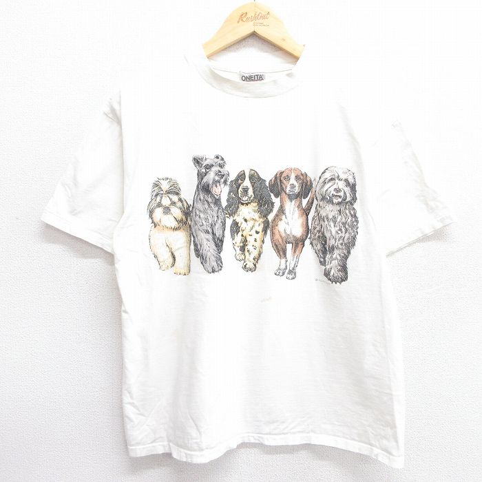 L★古着 オニータ ONEITA 半袖 ビンテージ Tシャツ メンズ 90年代 90s 犬 両面プリント コットン クルーネック 白 ホワイト 【spe】 25apr23 中古