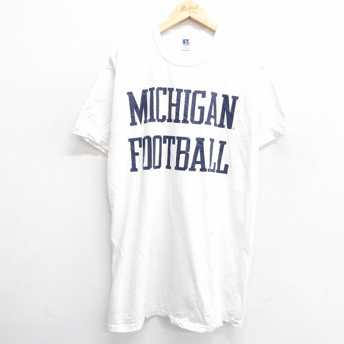 XL★古着 ラッセル 半袖 ビンテージ Tシャツ メンズ 90年代 90s ミシガン フットボール ロング丈 コットン クルーネック USA製 白 ホワイト 25apr23 中古