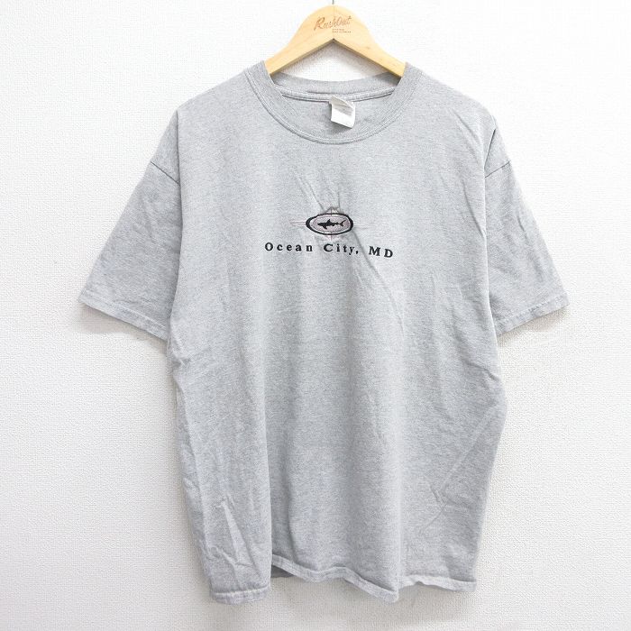 XL★古着 半袖 ビンテージ Tシャツ メンズ 00年代 00s サメ 刺繍 大きいサイズ クルーネック グレー 霜降り 25apr23 中古