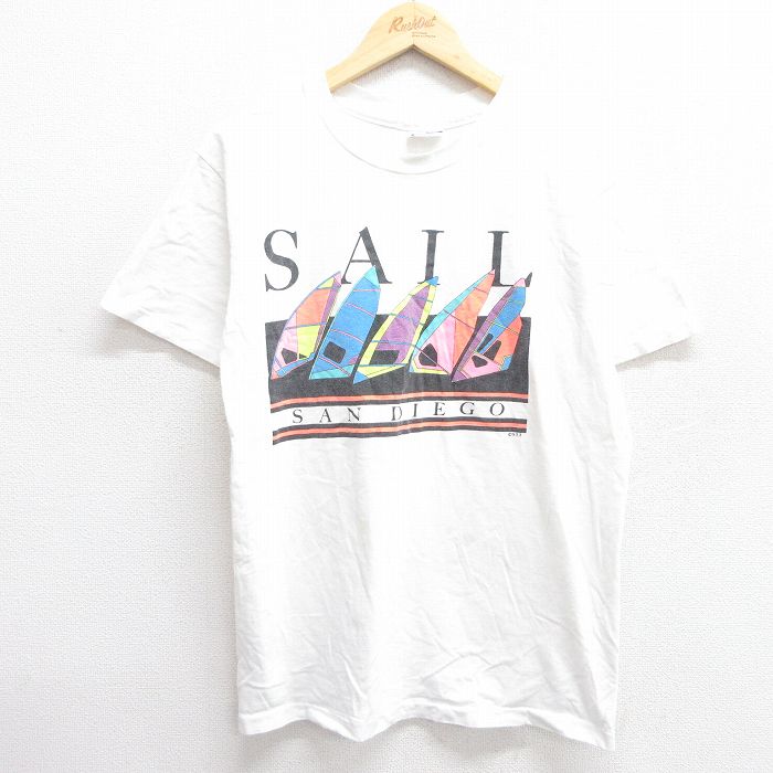 L★古着 ヘインズ Hanes 半袖 ビンテージ Tシャツ メンズ 80年代 80s SAIL サンディエゴ コットン クルーネック USA製 白 ホワイト 25apr23 中古