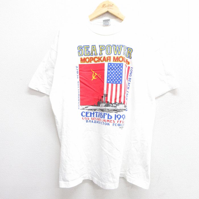 XL★古着 半袖 ビンテージ Tシャツ メンズ 90年代 90s SEA POWER 星条旗 コットン クルーネック USA製 白 ホワイト 25apr23 中古