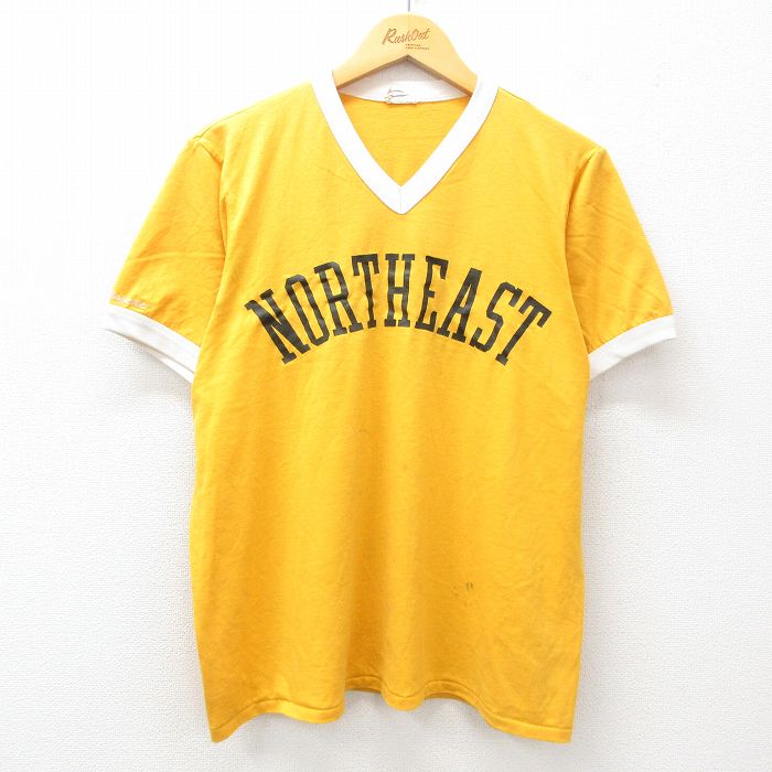 L★古着 マジェスティック 半袖 ビンテージ Tシャツ メンズ 90年代 90s NORTHEAST 2 クルーネック USA製 黄他 イエロー リンガー 25apr23 中古