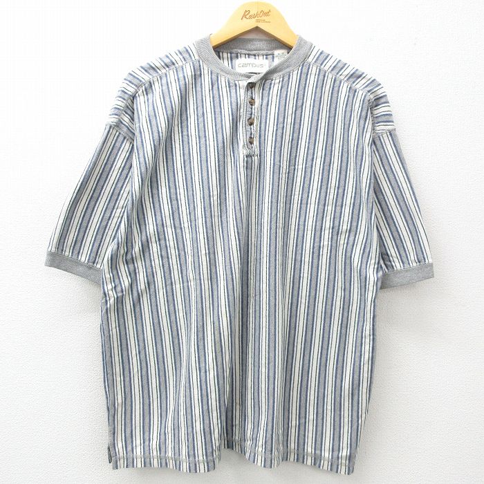 XL★古着 キャンパス 半袖 ビンテージ Tシャツ メンズ 00年代 00s 大きいサイズ コットン ヘンリーネック 紺他 ネイビー ストライプ 25apr23 中古