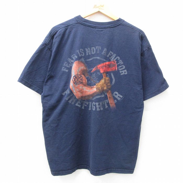 【50%OFF】XL★古着 半袖 ビンテージ Tシャツ メンズ 00年代 00s 消防署 大きいサイズ コットン クルーネック 紺 ネイビー 25apr23 中古
