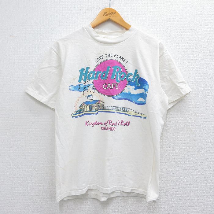 M★古着 半袖 ビンテージ Tシャツ メンズ 90年代 90s ハードロックカフェ ギター オーランド コットン クルーネック USA製 白 ホワイト 25apr24 中古