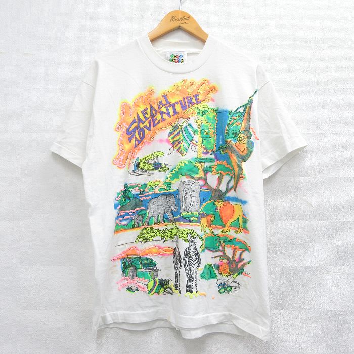 L★古着 半袖 ビンテージ Tシャツ メンズ 80年代 80s ゾウ シマウマ ライオン クルーネック USA製 白 ホワイト 【spe】 25apr24 中古