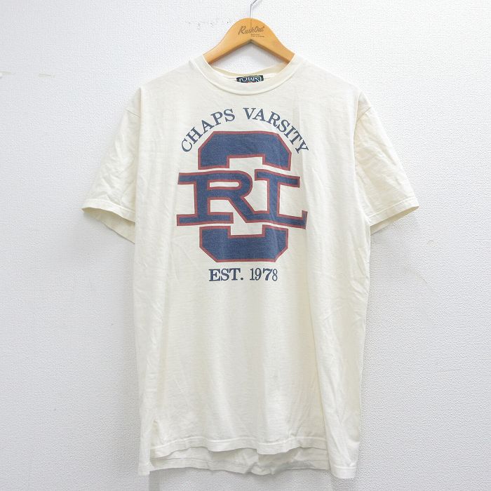 L★古着 ラルフローレン Ralph Lauren チャップス 半袖 ビンテージ ブランド Tシャツ メンズ 80年代 80s ビッグロゴ コットン クルーネック USA製 生成り 【spe】 25apr24 中古