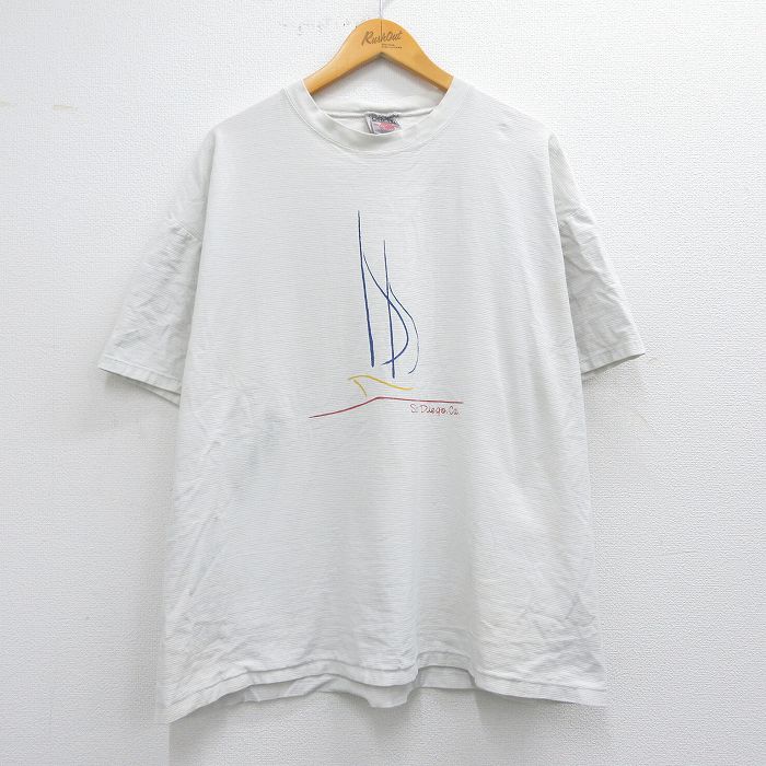 【50%OFF】XL★古着 オニータ ONEITA 半袖 ビンテージ Tシャツ メンズ 90年代 90s ヨット サンディエゴ 大きいサイズ コットン クルーネック USA製 薄グレー ボーダー 25apr24 中古