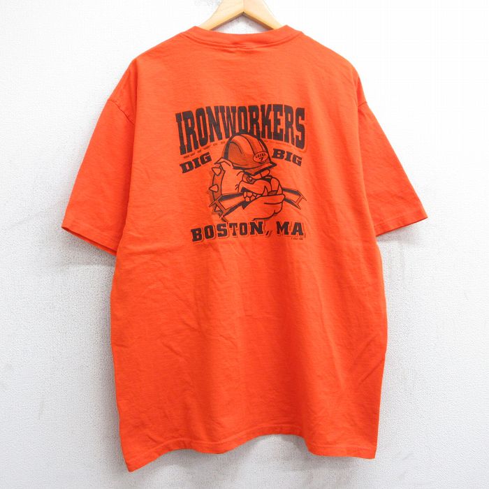 XL★古着 半袖 ビンテージ Tシャツ メンズ 90年代 90s 犬 IRONWORKERS 大きいサイズ コットン クルーネック USA製 オレンジ 25apr24 中古