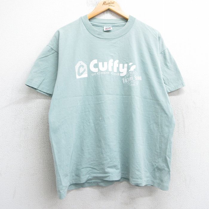 XL★古着 半袖 ビンテージ Tシャツ メンズ 90年代 90s Cuffys コットン クルーネック USA製 薄緑系 グリーン 25apr24 中古