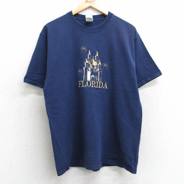 【50%OFF】L★古着 フルーツオブザルーム 半袖 ビンテージ Tシャツ メンズ 00年代 00s フロリダ 城 刺繍 コットン クルーネック 紺 ネイビー 25apr24 中古