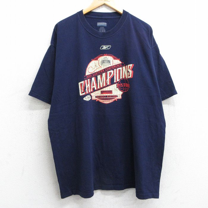 XL★古着 リーボック REEBOK 半袖 ビンテージ Tシャツ メンズ 00年代 00s NBA デトロイトピストンズ 大きいサイズ ロング丈 コットン クルーネック 紺 ネイビー バスケットボール 25apr24 中古