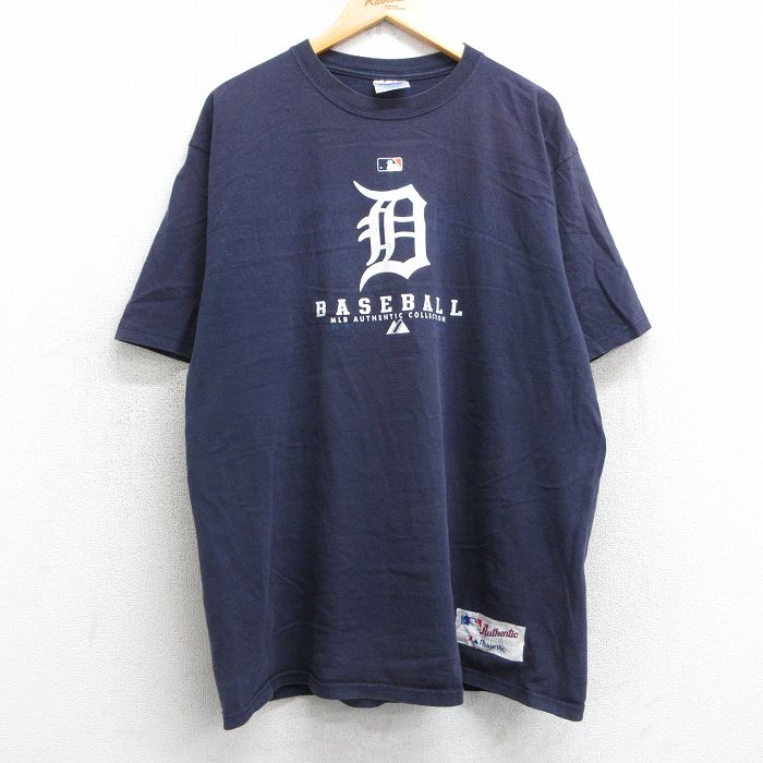 XL★古着 マジェスティック 半袖 ビンテージ Tシャツ メンズ 00年代 00s MLB デトロイトタイガース 大きいサイズ コットン クルーネック 紺 ネイビー メジャーリーグ ベースボール 野球 25apr24 中古