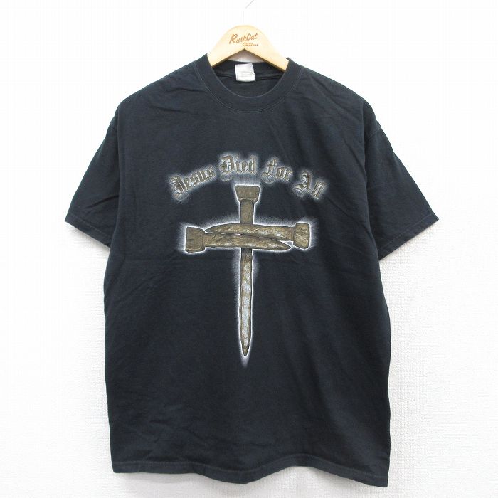 L★古着 ヘインズ Hanes 半袖 ビンテージ Tシャツ メンズ 00年代 00s 十字架 コットン クルーネック 黒 ブラック 25apr24 中古
