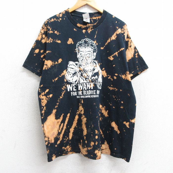 XL★古着 フルーツオブザルーム 半袖 ビンテージ Tシャツ メンズ 90年代 90s ゾンビ コットン クルーネック 黒他 ブラック ブリーチ加工 25apr24 中古