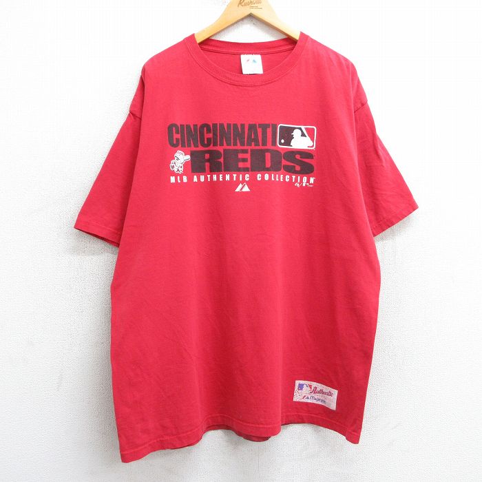 XL★古着 マジェスティック 半袖 ビンテージ Tシャツ メンズ 00年代 00s MLB シンシナティレッズ 大きいサイズ ロング丈 コットン クルーネック 赤 レッド メジャーリーグ ベースボール 野球 25apr24 中古