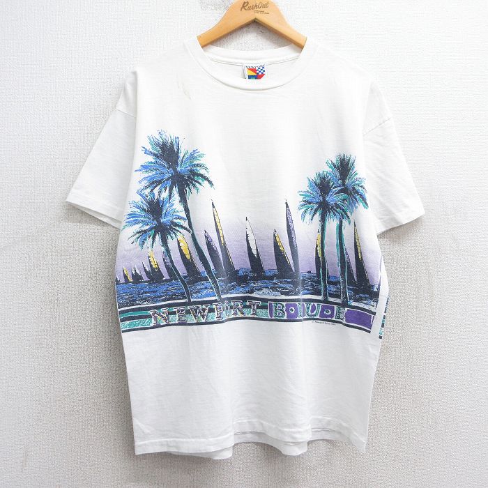 【50%OFF】L★古着 半袖 ビンテージ Tシャツ メンズ 90年代 90s ヤシの木 ヨット コットン クルーネック USA製 白 ホワイト 25apr24 中古
