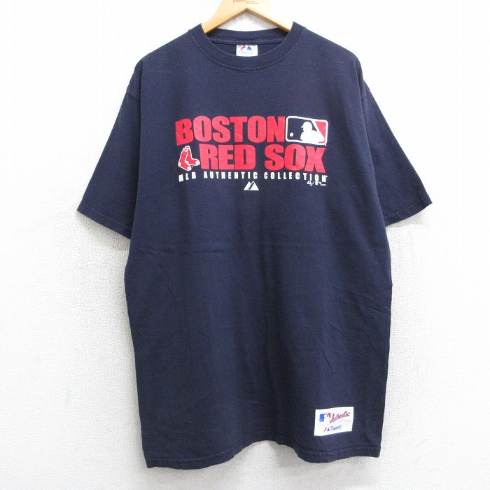XL★古着 マジェスティック 半袖 ビンテージ Tシャツ メンズ 00年代 00s MLB ボストンレッドソックス ロング丈 コットン クルーネック 紺 ネイビー メジャーリーグ ベースボール 野球 25apr24 中古