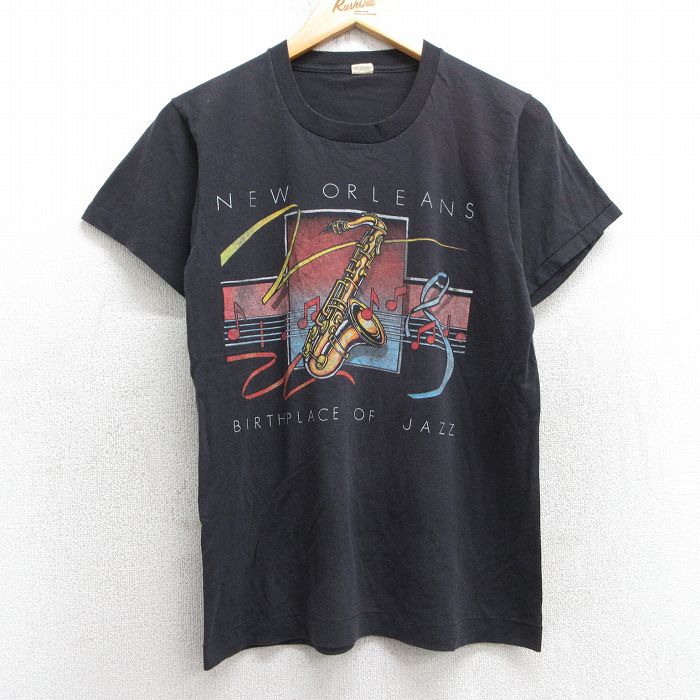 S★古着 スクリーンスターズ 半袖 ビンテージ Tシャツ メンズ 80年代 80s サックス ニューオーリンズ クルーネック USA製 黒 ブラック 25apr24 中古