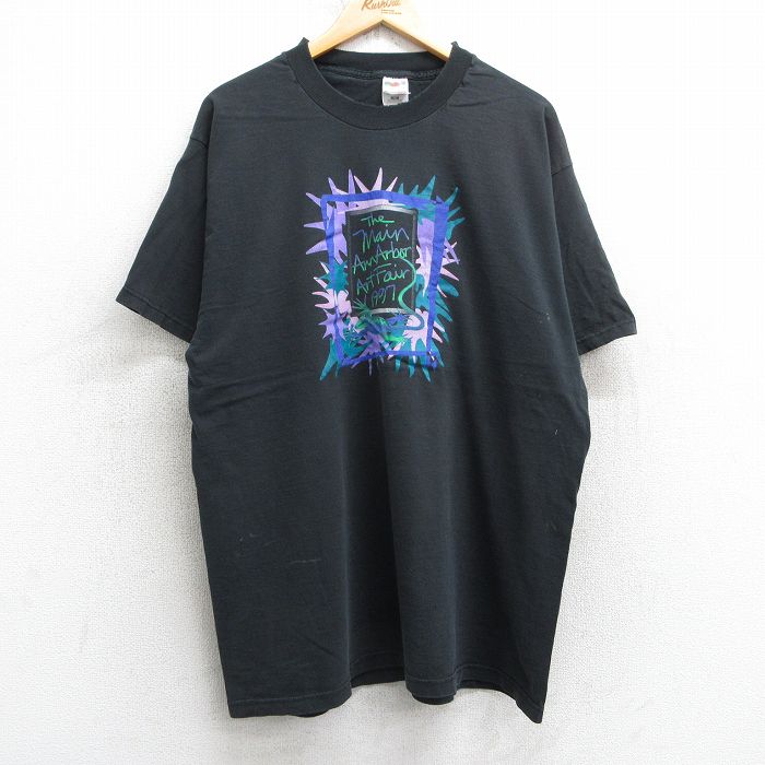 XL★古着 フルーツオブザルーム 半袖 ビンテージ Tシャツ メンズ 90年代 90s トカゲ コットン クルーネック 黒 ブラック 25apr24 中古