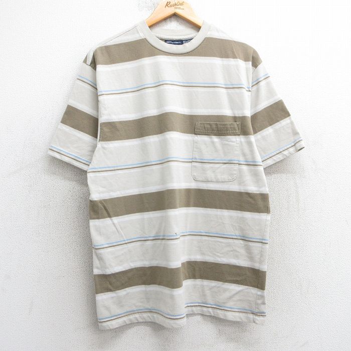 L★古着 ピューリタン 半袖 ビンテージ Tシャツ メンズ 00年代 00s 胸ポケット付き クルーネック 薄ベージュ他 カーキ ボーダー 25apr24 中古