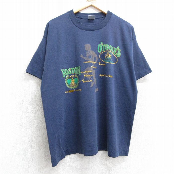 XL★古着 フルーツオブザルーム 半袖 ビンテージ Tシャツ メンズ 90年代 90s ボストンマラソン クルーネック USA製 紺 ネイビー 25apr24 中古