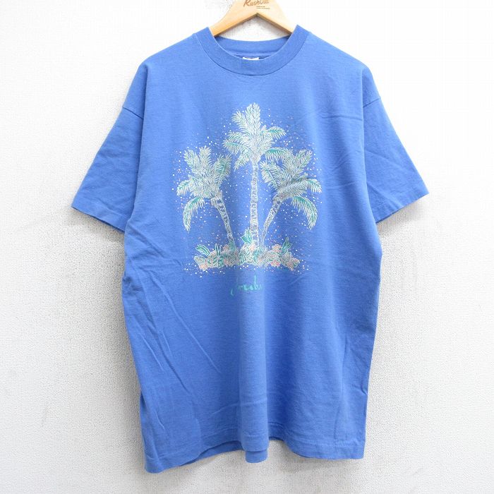 XL★古着 フルーツオブザルーム 半袖 ビンテージ Tシャツ メンズ 90年代 90s ヤシの木 大きいサイズ コットン クルーネック USA製 青 ブルー 25apr24 中古