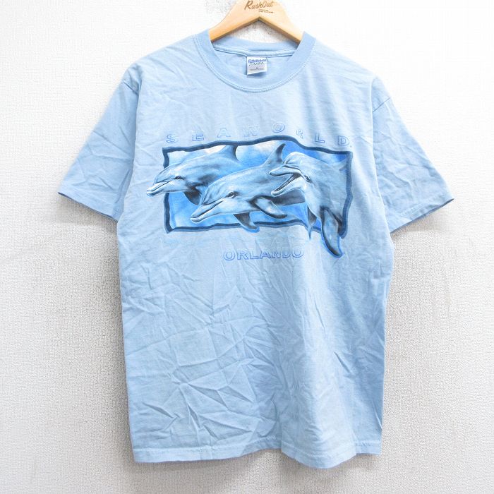 M★古着 半袖 ビンテージ Tシャツ メンズ 00年代 00s イルカ オーランド コットン クルーネック 水色 25apr24 中古