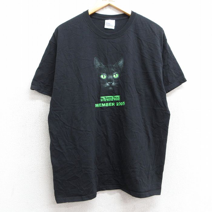 L★古着 ヘインズ Hanes 半袖 ビンテージ Tシャツ メンズ 00年代 00s ネコ コットン クルーネック 黒 ブラック 25apr24 中古