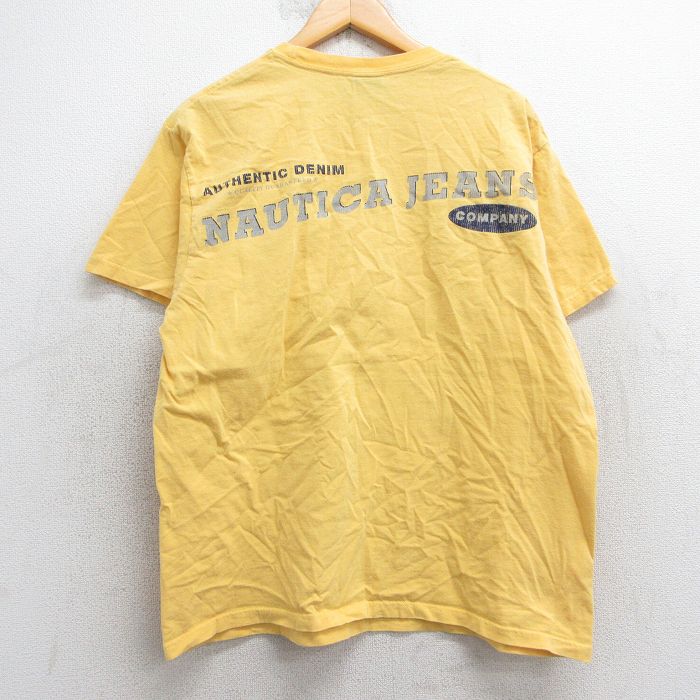 L★古着 ノーティカ NAUTICA ジーンズ 半袖 ビンテージ ブランド Tシャツ メンズ 90年代 90s ビッグロゴ コットン クルーネック USA製 黄 イエロー 【spe】 25apr24 中古