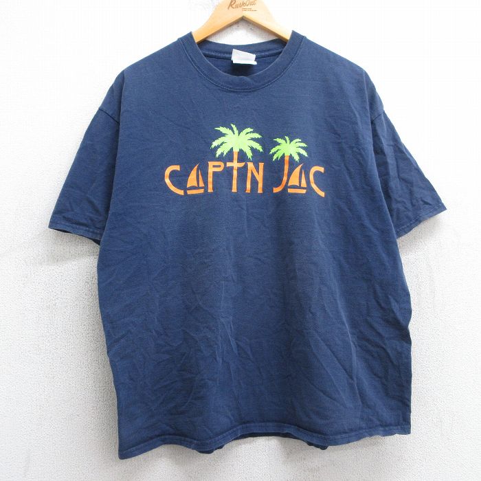 XL★古着 半袖 ビンテージ Tシャツ メンズ 00年代 00s ヤシの木 コットン クルーネック 紺 ネイビー 25apr25 中古