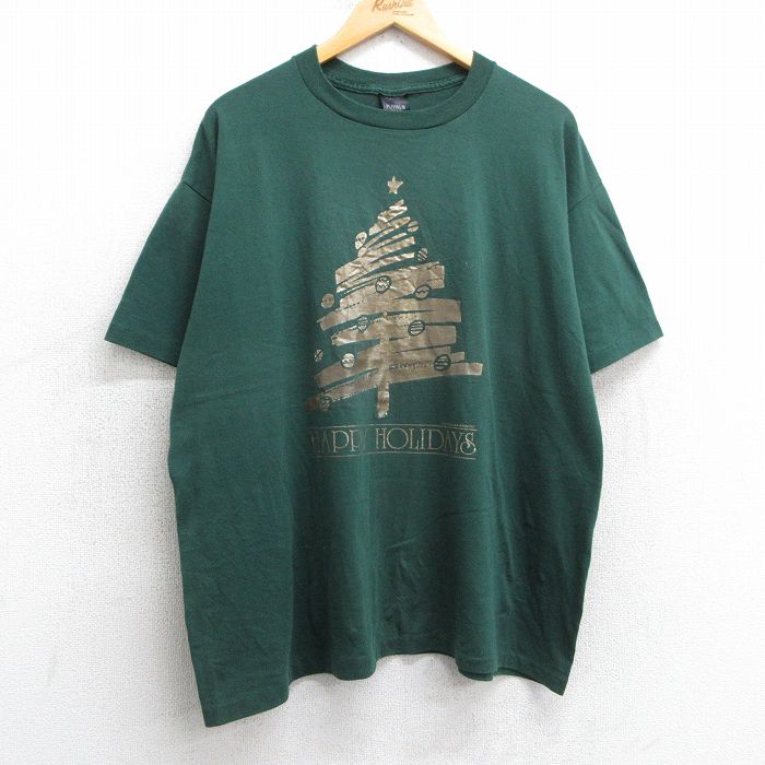 【50%OFF】【50%OFF】XL★古着 半袖 ビンテージ Tシャツ メンズ 90年代 90s クリスマスツリー 大きいサイズ クルーネック USA製 緑 グリーン 25apr25 中古