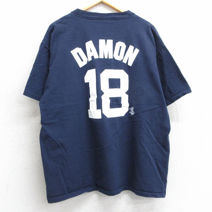 XL★古着 マジェスティック 半袖 ビンテージ Tシャツ メンズ 00年代 00s MLB ニューヨークヤンキース ジョニーデイモン 18 大きいサイズ コットン クルーネック 紺 ネイビー メジャーリーグ ベースボール 野球 25apr25 中古