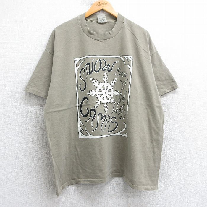 XL★古着 半袖 ビンテージ Tシャツ メンズ 90年代 90s 雪柄 大きいサイズ コットン クルーネック USA製 ベージュ カーキ 25apr25 中古