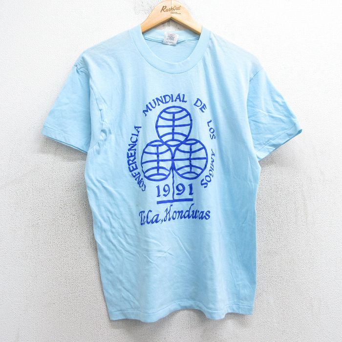 M★古着 半袖 ビンテージ Tシャツ メンズ 90年代 90s CONFERENCIA MUNDIAL クルーネック 水色 25apr25 中古
