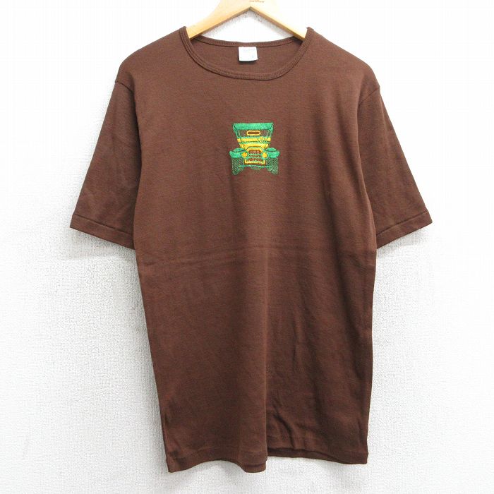 M★古着 JCペニー 半袖 ビンテージ Tシャツ メンズ 70年代 70s 車 刺繍 クルーネック 茶 ブラウン 25apr25 中古